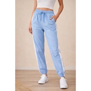 JoyLab Mid-Rise Woven Track Pants Women's M Blue Iceberg White Stripe Pockets...